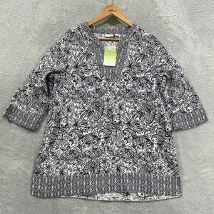 Sigrid Olsen Top Blouse Women Large 100% Linen Floral Boho Beach Mature NWT